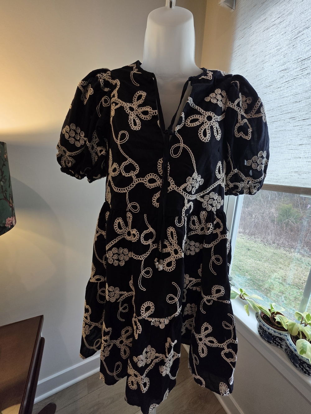 Black Embroidered Cotton Puff-Sleeve Midi Dress Cottagecore Coquette Size XS - Picture 9 of 13